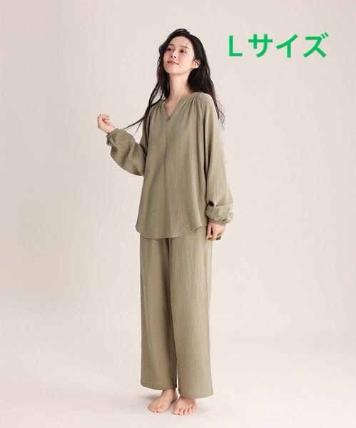 新品パジャマ L長袖レディース上下セット春夏ダブルガーゼ 夏寝巻き柔らかい綿入院入所vネックグリーン