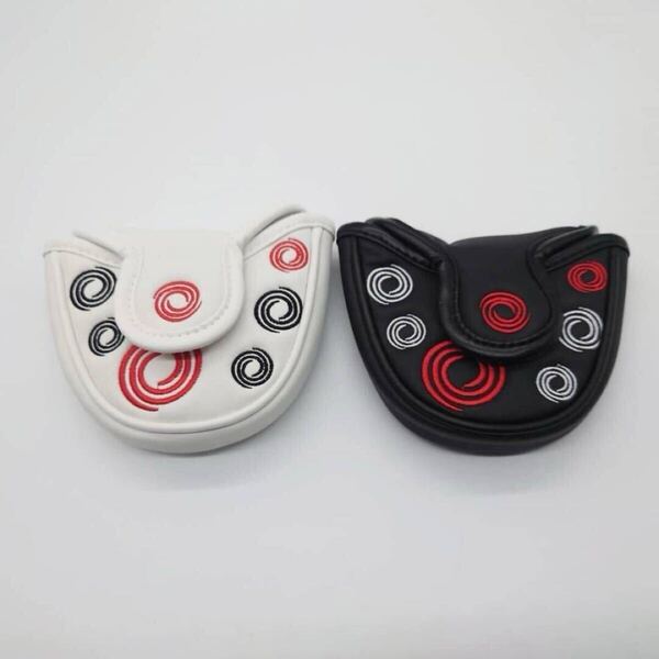 ホワイト送付【マグネット式】ゴルフ ヘッドカバー パター 渦 模様 うず 黒 白 マレット ゴルフ パター 黒 白 ヘッドカバー マグネット式
