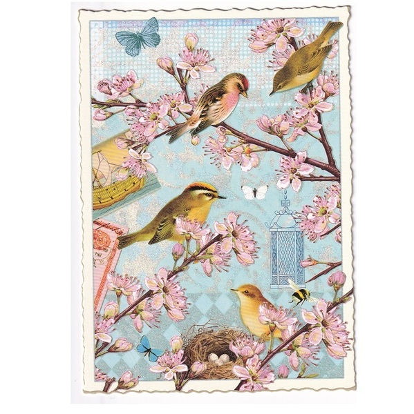 桜 と 小鳥 ドイツ 製 ポストカード ラメ グリーティングカード 絵はがき アンティーク調 小鳥 ベニマシコ 小物 絵はがき パタミン さくら