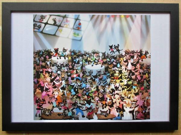 藤城清治 「猫のパーティー」 印刷物 画集画 A4新品額入り