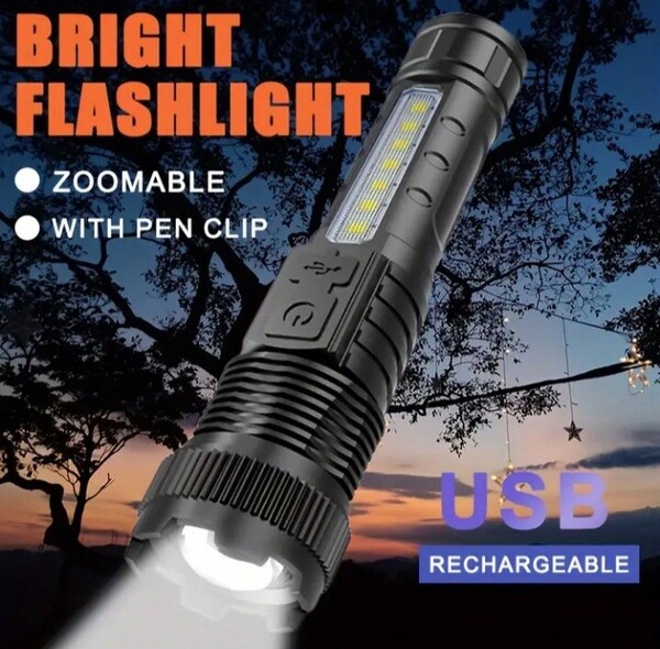 懐中電灯 充電式LED ズーム機能 USB COBライトお買得価格