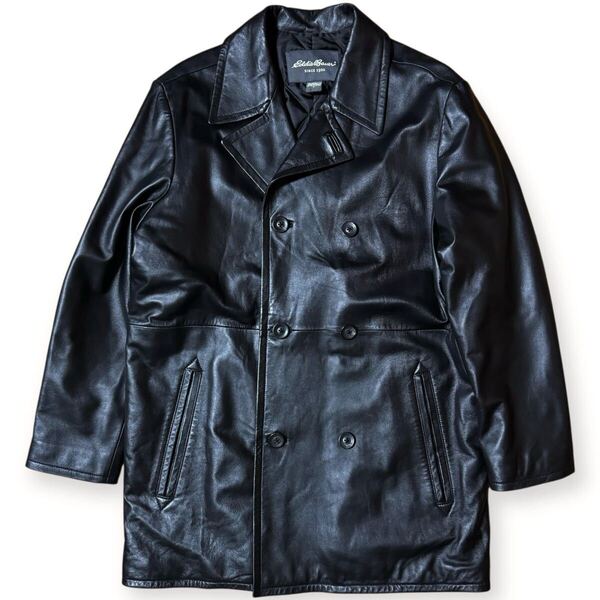 美品 EDDIE BAUER 00s ビンテージ 羊革 ダブルブレスト レザージャケット Pコート キルティングライナー 表記S 着用感L程度
