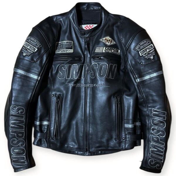 【雰囲気抜群/美品】SIMPSON 18AW 牛革 立ち襟 シングルライダースジャケット ライナー付 ブラック Lサイズ プロテクター内蔵