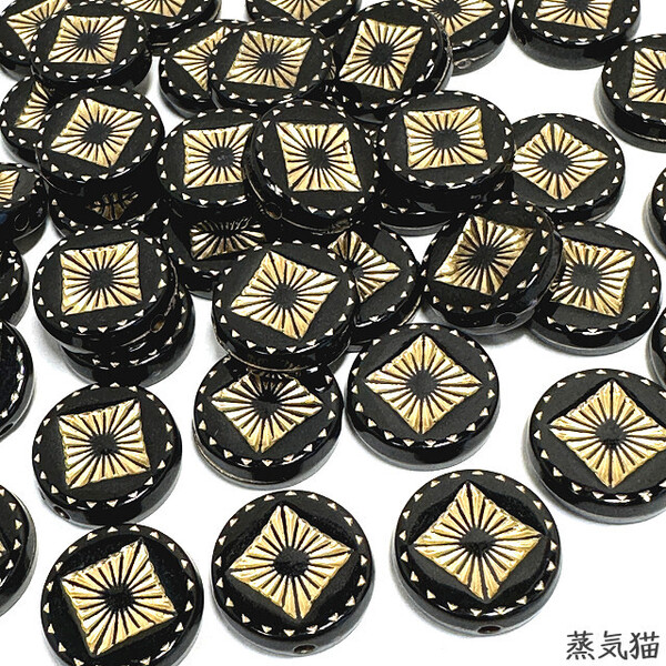 b9824 アンティーク調 太陽柄ビーズ ブラック30個【宇宙 後光ピアス イヤリング 手作り材料ハンドメイド アクセサリー素材】蒸気猫パーツ