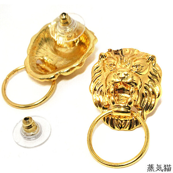 c0398 ライオンヘッドピアス ゴールド4個【ドアノック 猫科動物チャーム金具 手作り 手芸材料ハンドメイド アクセサリー素材】蒸気猫パーツ