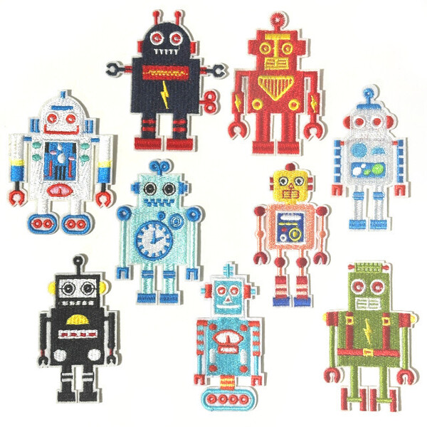 w8110 レトロなロボット ワッペン 刺繍アップリケ 9枚【リメイク 入園入学 手作り材料ハンドメイド アクセサリーパーツ素材】蒸気猫パーツ