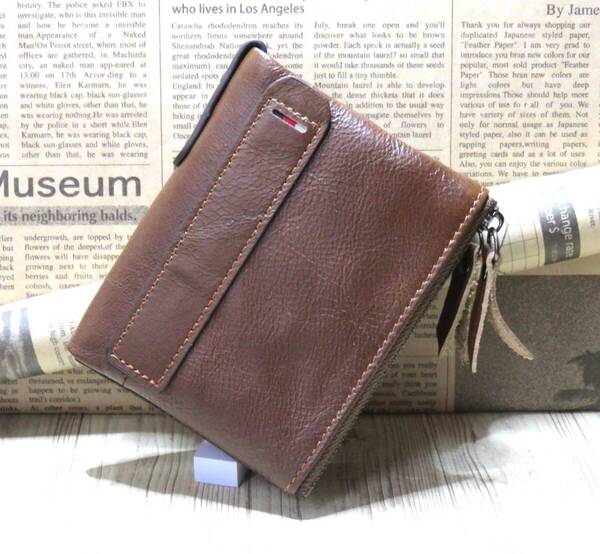 牛革メンズ財布 二つ折り男性財布 二重ファスナー小銭入れ*新品、当日発送(濃いブラウン)