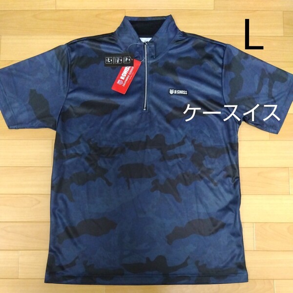 L ケースイスK-SWISS 新品 ハーフジップ 半袖ポロシャツ Tシャツ 紺 吸汗 速乾 消臭 メンズ 紳士 アウトドア スポーツ ゴルフウェア golf