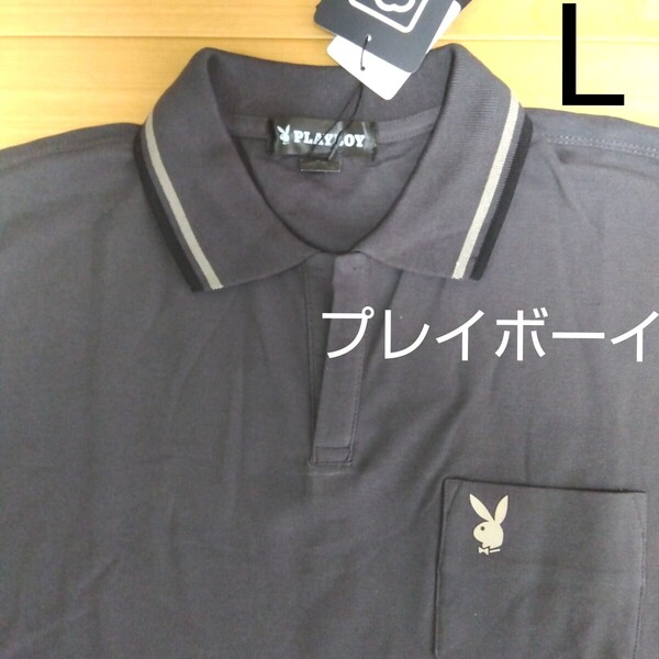 L プレイボーイ PLAYBOY 新品 半袖ポロシャツ 襟付きシャツ スキッパー V字 濃灰 綿100 メンズ ゴルフウェア 胸ポケット アウトドア ウサギ