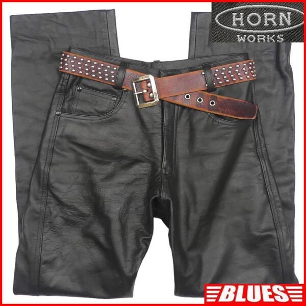 即決★HORN WORKS★W30 レザーパンツ ホーンワークス メンズ 黒 本革 ライダースパンツ 本皮 パンクロック ライディング ツーリング