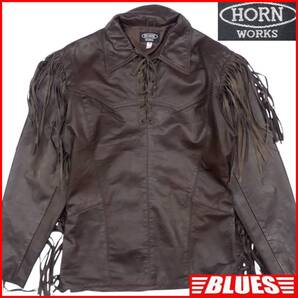 即決★HORN WORKS★メンズ M レザーシャツ ホーンワークス プルオーバー 茶 フリンジ 本革 ライダースジャケット ウエスタン ロカビリー
