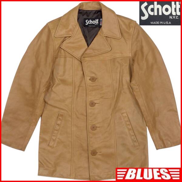 即決★Schott★メンズ S レザーPコート ショット 茶 キャメル 本革 USA ジャケット アメリカ製 本皮 革ジャン ハーフコート カーコート