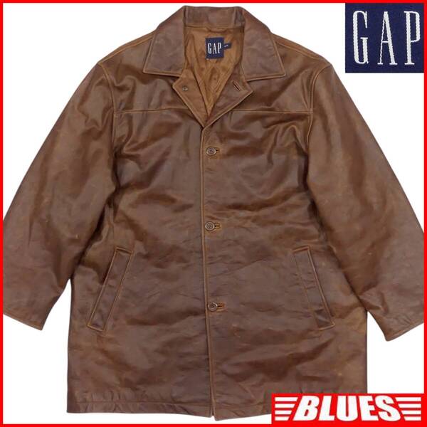 即決★GAP★メンズ XL レザー ステンカラーコート ギャップ 茶 本革 ジャケット 本皮 革ジャン ハーフコート カーコート ジャケット