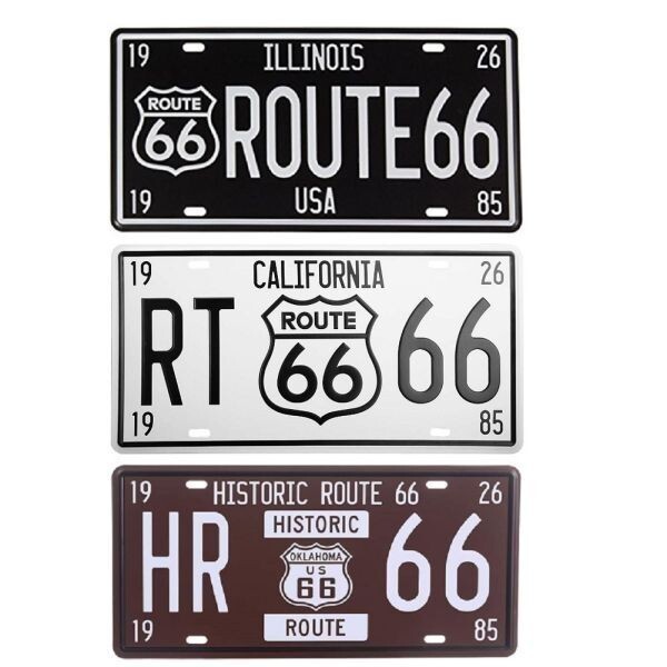 K109 新品●3枚セット ブリキ看板 アメリカ雑貨 ROUTE66 ナンバープレート型 かっこいい インテリアに レトロ ビンテージ おしゃれ