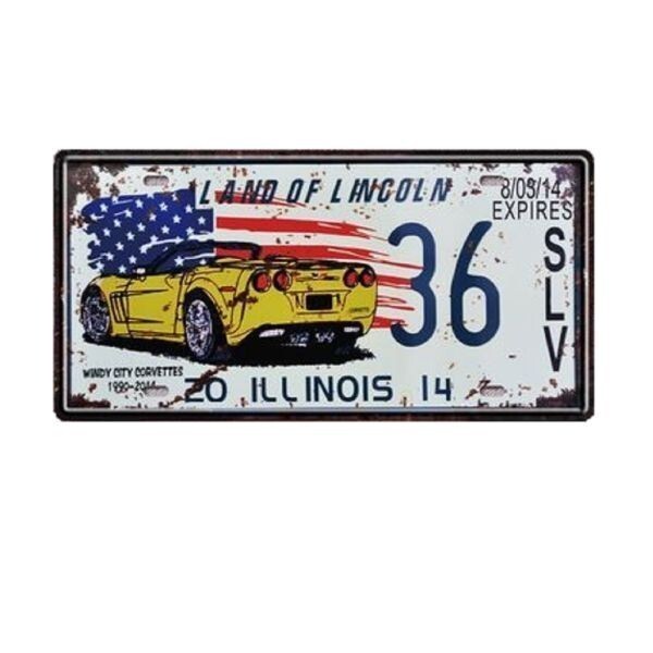 K208 新品◆アメリカン雑貨 ブリキ看板 ILLINOIS イリノイ州 USA アメリカ 州 CORVETTES コルベット アンティーク かっこいい