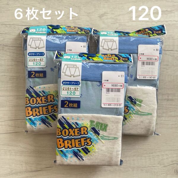 【新品未使用】120 ボクサーブリーフ ボクサー パンツ 下着 肌着 インナー 男の子 綿混 恐竜 2枚組×3 6枚セット キッズ 男児