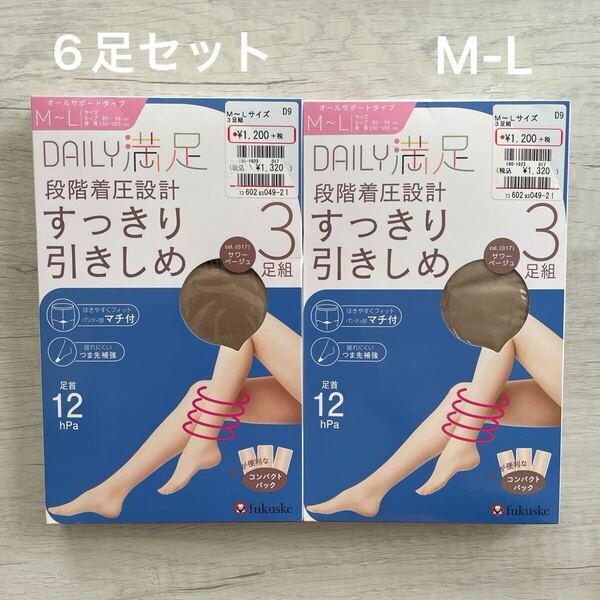 【新品未使用】DAILY満足 段階着圧設計 すっきり引きしめ マチ付 6足セット ストッキング パンスト M-L サワーベージュ 日本製