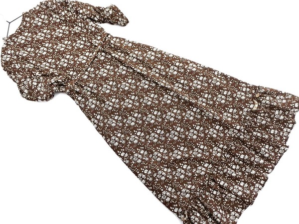 Lebecca boutique レベッカブティック ロングワンピース シャーリング袖 裾フリル 花柄 M~L 茶色x白