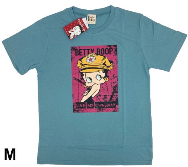 即決新品 ベティ 半袖Tシャツ 男女兼用 メンズサイズ M グリーンブルー系 Betty Boop 送料無料 335B柄