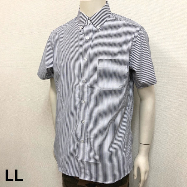即決新品 メンズ 半袖シャツ 形態安定 ストライプ ネイビー LL 送料無料