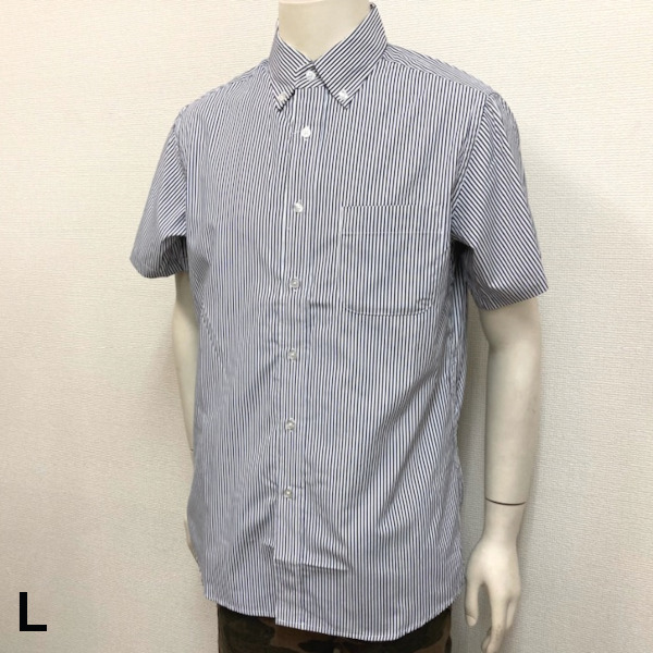 即決新品 メンズ 半袖シャツ 形態安定 ストライプ ネイビー L 送料無料