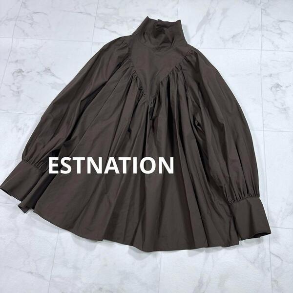 美品ESTNATION コットンハイネックギャザーボリュームブラウス