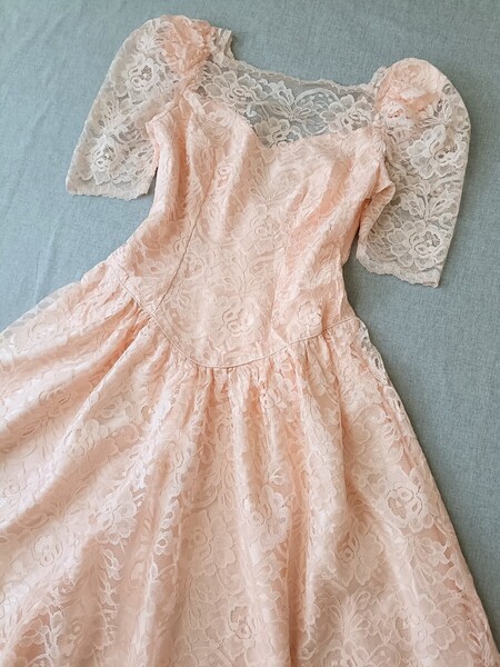 70年代アメリカ古着 総レースドレス ユニオンメイド ワンピース ヴィンテージ古着 ピンク 結婚式 パーティードレス Mサイズ