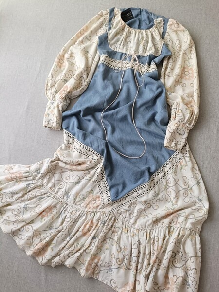 70年代 GUNNE SAX ガニーサックス ガンネサックス クロスステッチ風マキシドレス プレーリードレス ワンピース アメリカ古着 Sサイズ