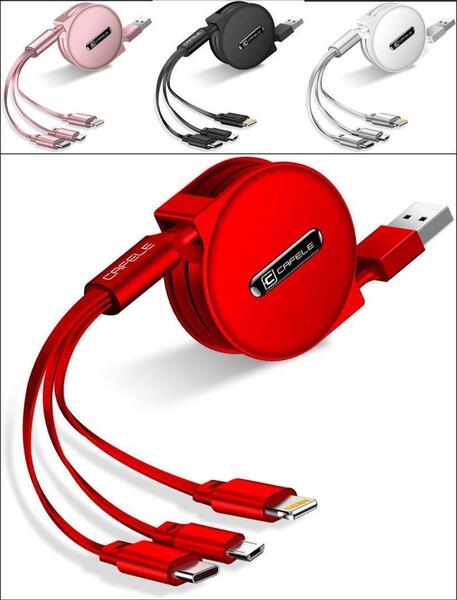 巻き取り式 3in1 充電ケーブル 同時充電 データ転送 1.2m 赤2セット
