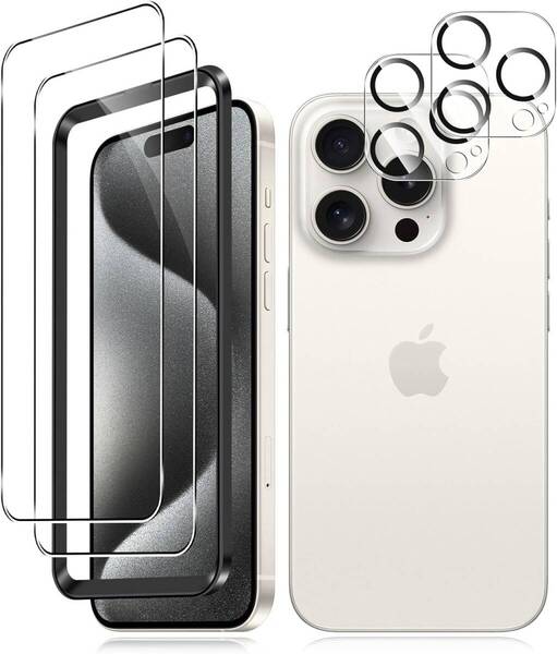 【2+2枚セット】iPhone 15 Pro ガラスフィルム +カメラフィルム 旭硝子製 強化ガラス Kluso 9H 耐衝撃 高透過率 指紋防止【ガイド枠付き】