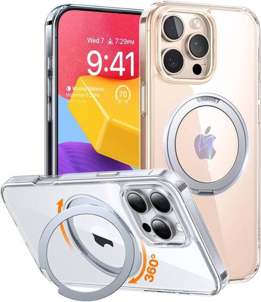 【透明度爆上がり・多機能360度回転スタンド】TORRAS iPhone 16 Pro Max 用 ケース Halbachマグネット搭載 米軍MIL規格耐衝撃 クリア