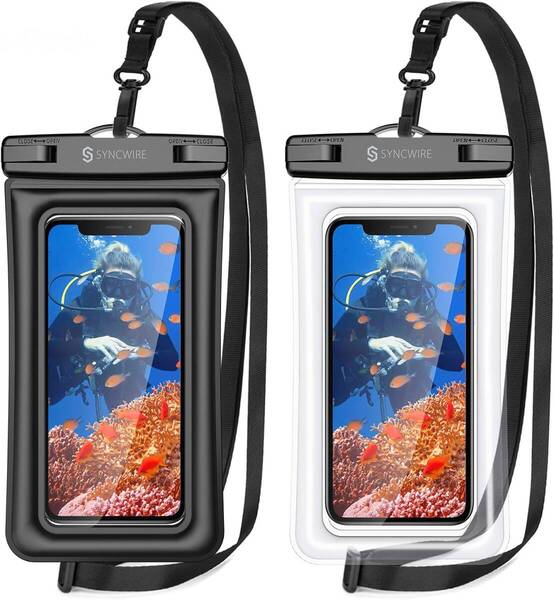 2枚セット Syncwire 防水ケース スマホ 防水ケース 携帯防水ケース IPX8認定 7インチ以下全機種対応 ネックストラップ付(ブラック+透明)