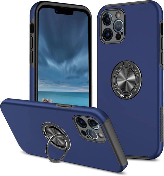 iPhone 12 Pro用 ケース リング付き PC TPU 耐衝撃 衝撃吸収 傷つけ防止カバー 全面保護 スマホケース 米軍MIL規格 車載ホルダー対応 青