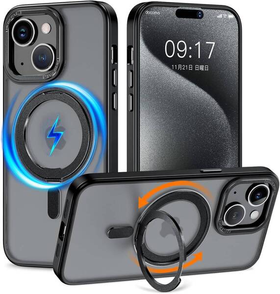 KMAMBNG iPhone 15 用 ケース 縦横両対応 リング 【多機能360度回転スタンド】MagSafe対応 ワイヤレス充電対応 米軍規格 (ブラック)