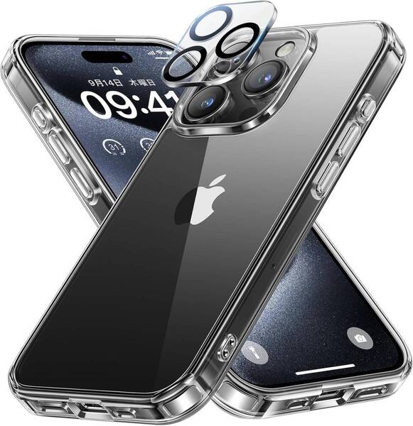 NIMASO iPhone15ProMax用 ケース+カメラフィルム (1枚) クリア 保護ケース 耐衝撃 米軍MIL規格 SGS認証 PC背面 (氷星シリーズ)