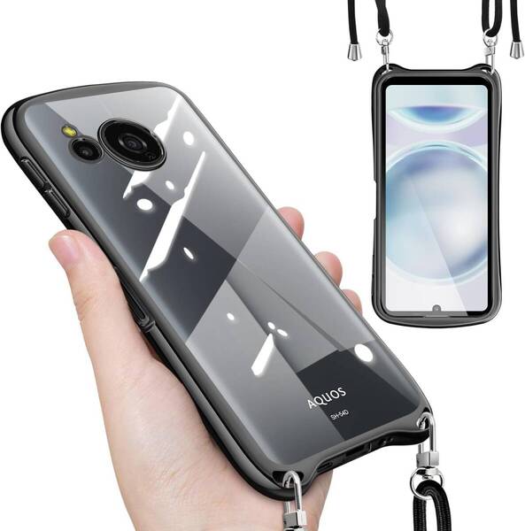 AQUOS sense8 ケース クリア ショルダー ストラップ付き 透明 肩掛け 縄掛け 斜めかけ TPU メッキ加工 耐衝撃 スマホケース(ブラック)