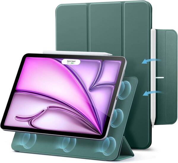 ESR iPad Air 13インチ ケース 強力マグネット吸着式 スリムな三つ折りスタンドケース Pencil Pro/USB-C対応 Reboundシリーズ グリーン