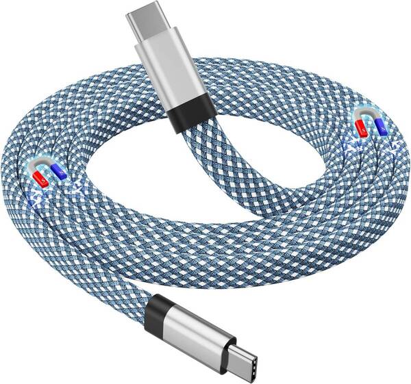 Magtame USB-Cケーブル フラット平形 磁力自動収納 タイプcケーブル60W PD対応 type-cケーブル 3A急速充電 (1M-ブルー)