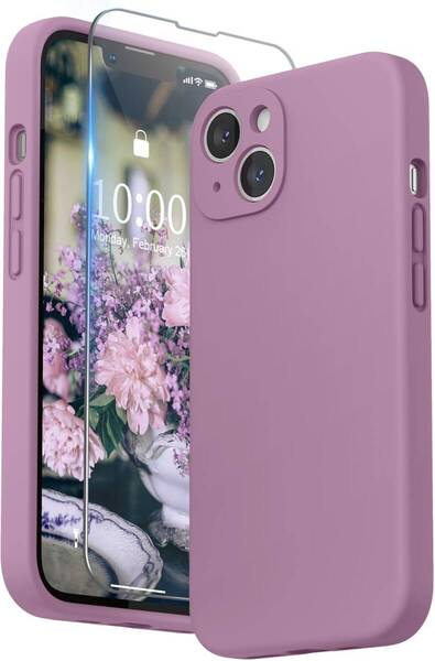 SURPHY iPhone13 ケース シリコン フィルム付き 6.1インチ対応(2021) 耐衝撃 超軽量 指紋防止 全面保護 (ピンクパープル)