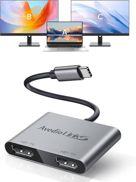avedio links USB-C HDMI変換アダプタ 4K@60Hz HDMI分配器 拡張モード&複製モード対応 3画面 Type-C&HDMI2ポート