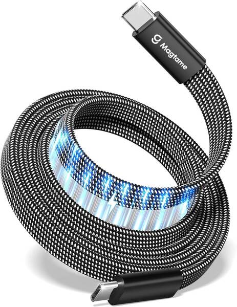 Magtame タイプcケーブル フラット平形 磁石自動収納 240W/5A急速充電 type-cケーブル QC4.0/PD3.1対応 (ブラック-1M)