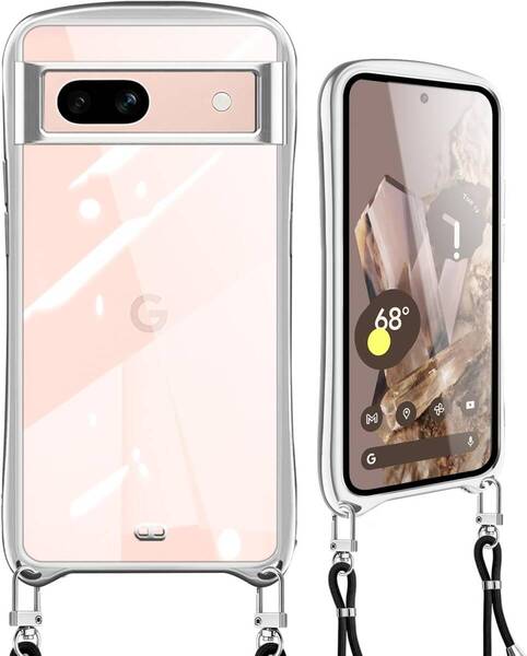 Google Pixel 8 ケース ショルダー クリア ストラップ付き 肩掛け 首掛け 縄掛け 斜めがけ 紐付き 耐衝撃 透明 TPU メッキ加工 シルバー