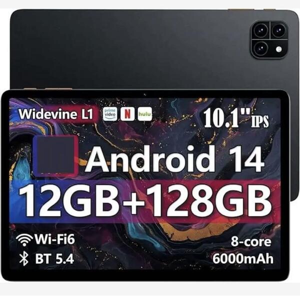 Android14タブレット 12GB+128GB+2TB拡張 10インチ Wi-Fiモデル 8コア CPU、1280*800 Incell IPS画面、Widevine L1対応+6000mAh+GMS認証
