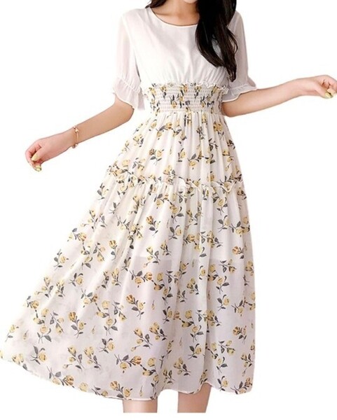 ▲ふんわり 半袖 ワンピース ミモレ丈 花柄 ハイウエスト シフォン Uネック Aライン ビーチ リゾート 裏地付き ( Lサイズ)