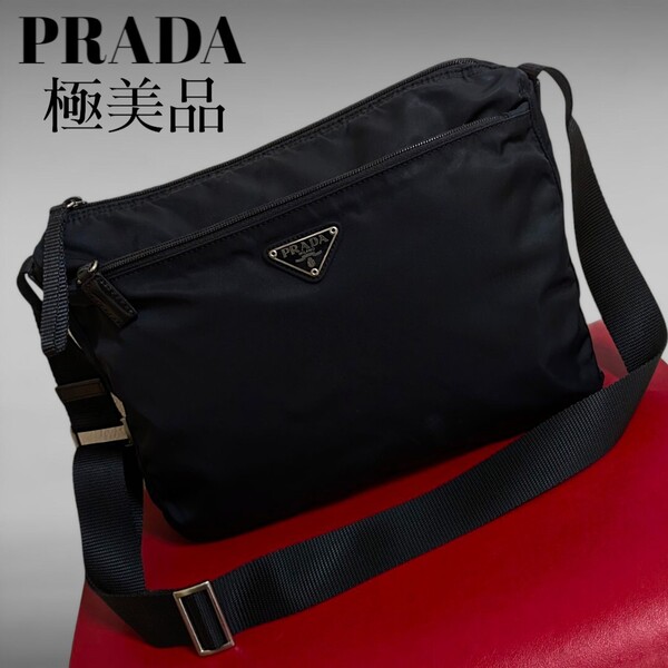 極美品 PRADA ショルダーバッグ 斜め掛け レザー ナイロン ブラック プラダ 中敷き付き 美品 レディース メンズ バッグ