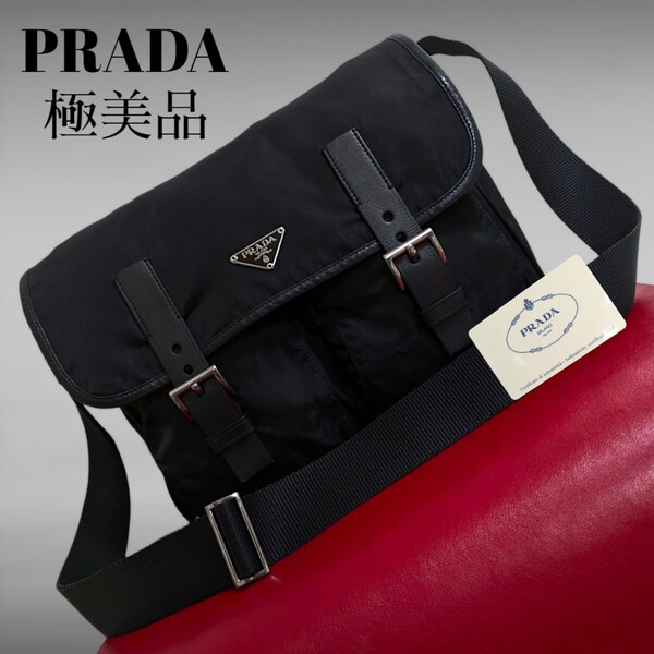 極美品 PRADA ショルダーバッグ メッセンジャーバッグ 斜め掛け ナイロン 美品 プラダ レザー ブラック レディース メンズ バッグ 正規品
