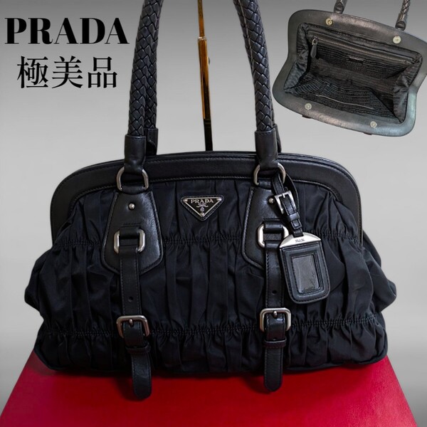 極美品 PRADA ギャザー ハンドバッグ トートバッグ ブラック がま口 プラダ 肩がけ レザー ナイロン レディース バッグ 正規品 美品