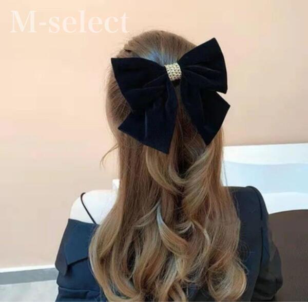 ベルベットリボンヘアアクセサリー バレッタ韓国 ベロアリボンヘアアクセ ブラック
