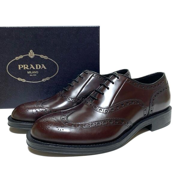 ☆未使用 PRADA プラダ 内羽根 ウイングチップ レザー ドレスシューズ 赤茶色 イタリア製 革靴 ブローグシューズ ビジネスシューズ