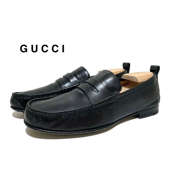 ☆良品 GUCCI グッチ レザー 切替 コインローファー シューズ 黒 イタリア製 革靴 スリッポン モカシン ドライビングシューズ